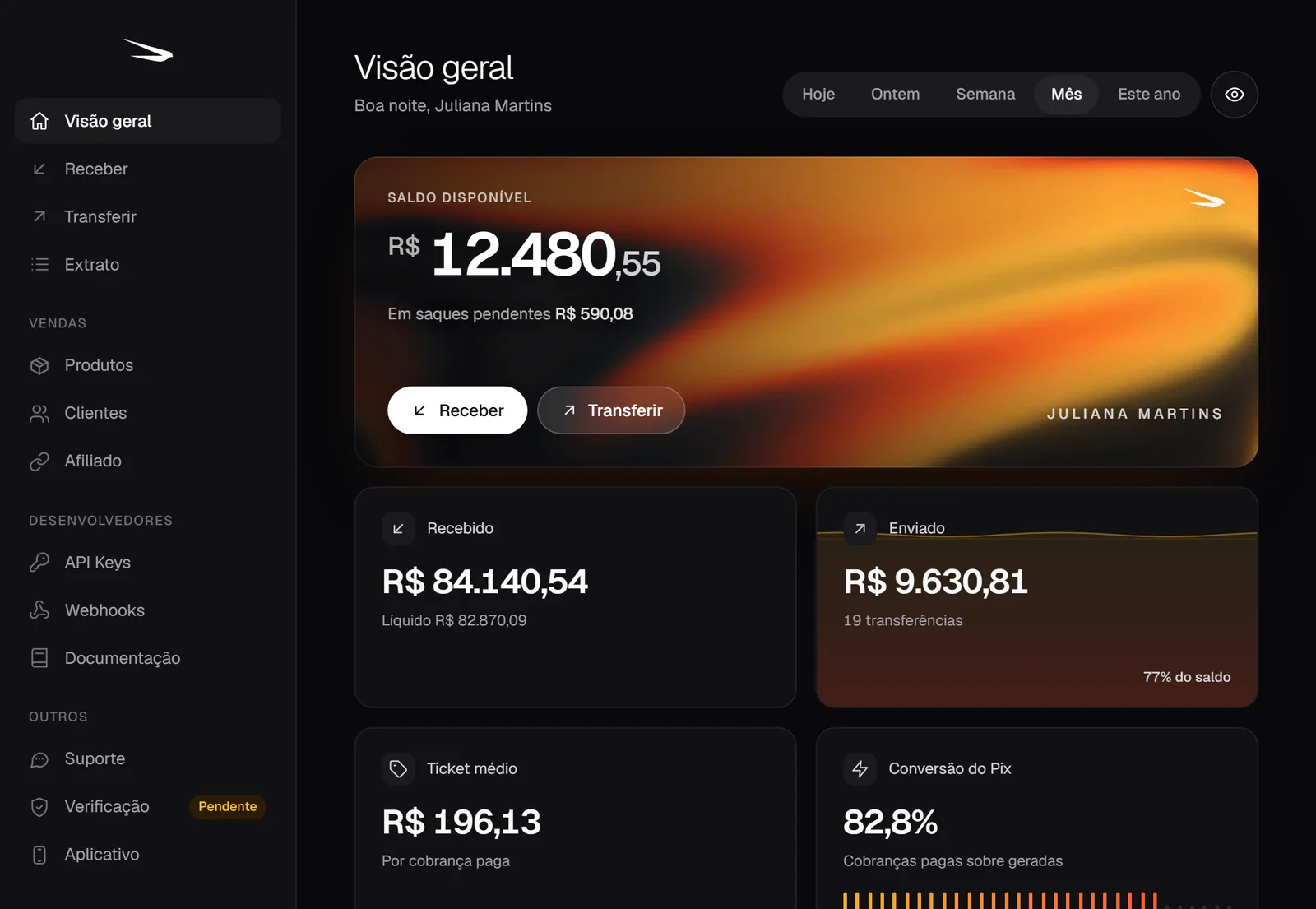 Painel da SafiPay com saldo disponível, menu e atalhos de receber e transferir